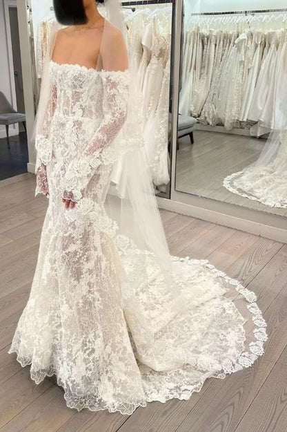 Classic Mermaid Lace Beaded Wedding Dresses Off The Shoulder Bridal Gown,LTP4156