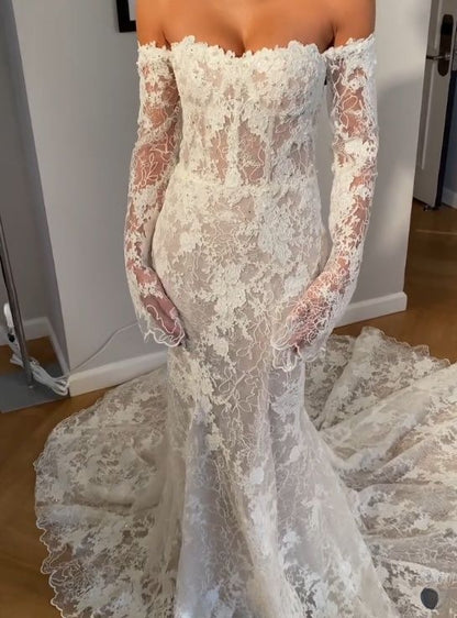 Classic Mermaid Lace Beaded Wedding Dresses Off The Shoulder Bridal Gown,LTP4156