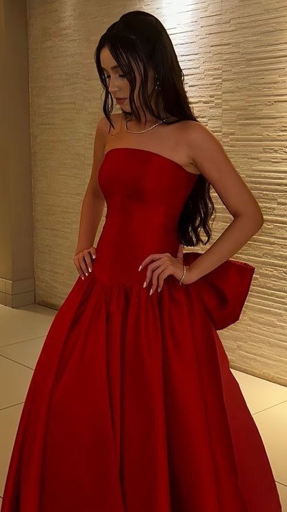 Classic Red Strapless Prom Dresses Long Evening Party Ball Gown With Bowknot,LTP4065