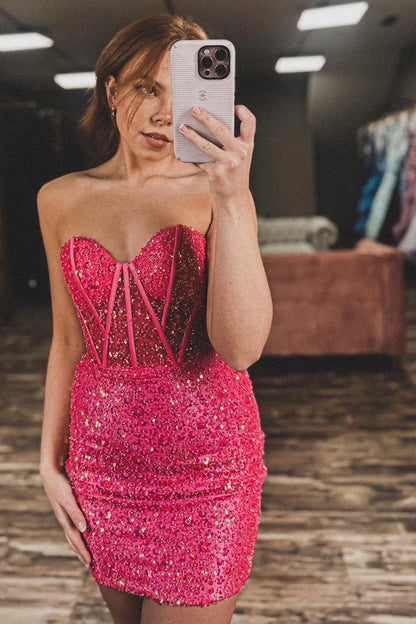 Classic Sequin Bodycon Homecoming Dresses Hot Pink Cocktail Dress, LTP2956