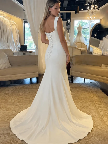 Classic Square Neck Ivory Mermaid Wedding Dresses Cap Sleeves Bridal Dress,LTP82799