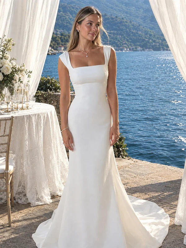 Classic Square Neck Ivory Mermaid Wedding Dresses Cap Sleeves Bridal Dress,LTP82799