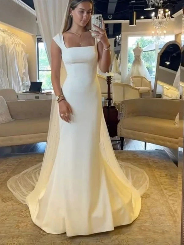 Classic Square Neck Ivory Mermaid Wedding Dresses Cap Sleeves Bridal Dress,LTP82799