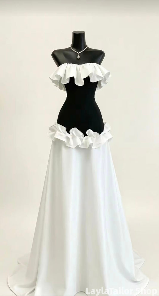 Classic White Black Strapless Long Formal Prom Dress