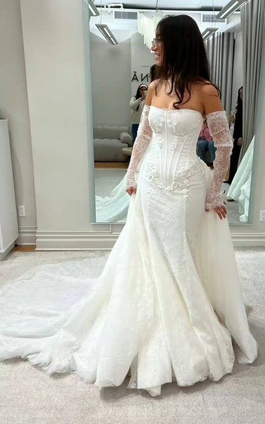 Classic White Lace Sheath Wedding Dresses With Lace Train,LTP4358