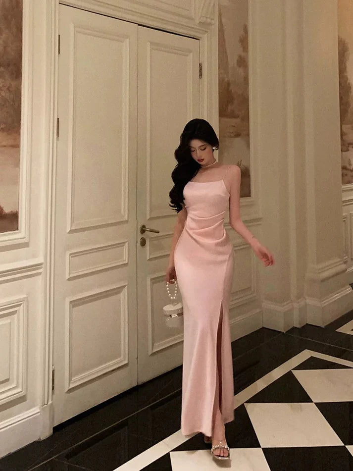 Classy Sheath Spaghetti Straps Pink Satin Prom Dresses Birthday Outfit – Laylatailor Shop