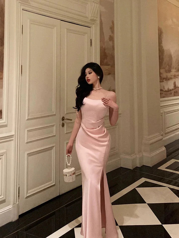 Classy Sheath Spaghetti Straps Pink Satin Prom Dresses Birthday Outfit – Laylatailor Shop