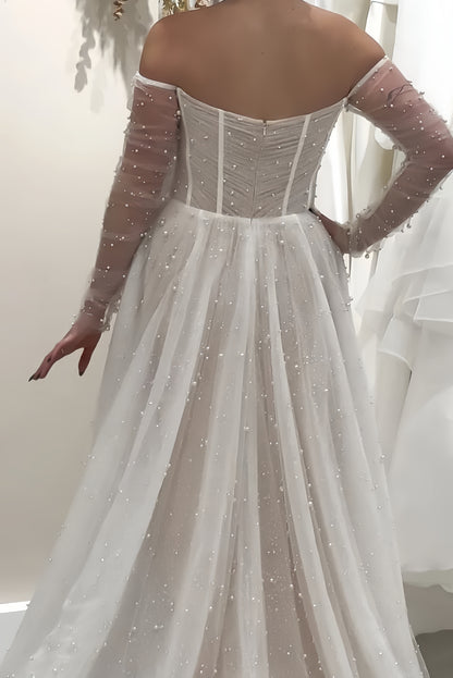 Classy White Pearl Wedding Dresses Pleated A-line Bridal Gown,LTP4242