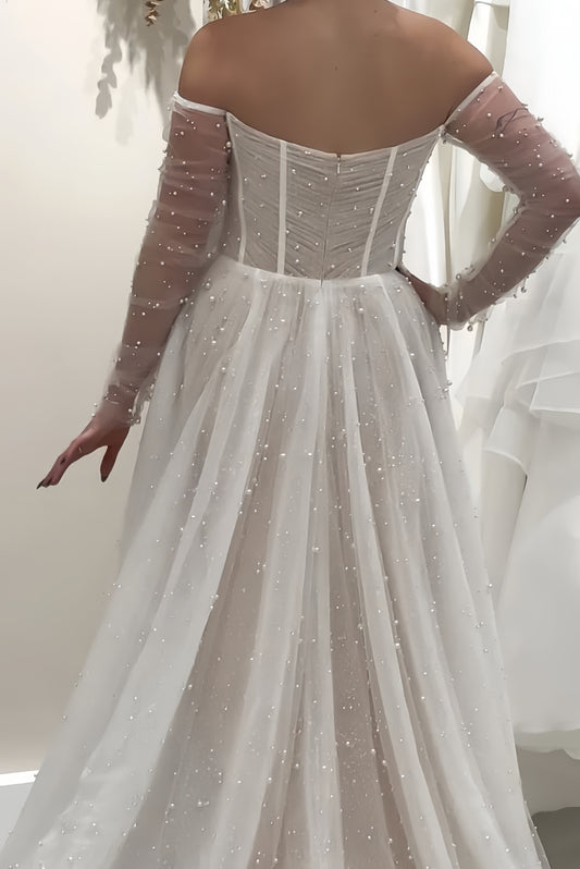 Classy White Pearl Wedding Dresses Pleated A-line Bridal Gown,LTP4242