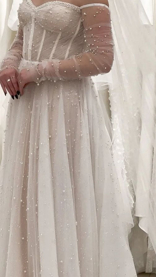 Classy White Pearl Wedding Dresses Pleated A-line Bridal Gown,LTP4242