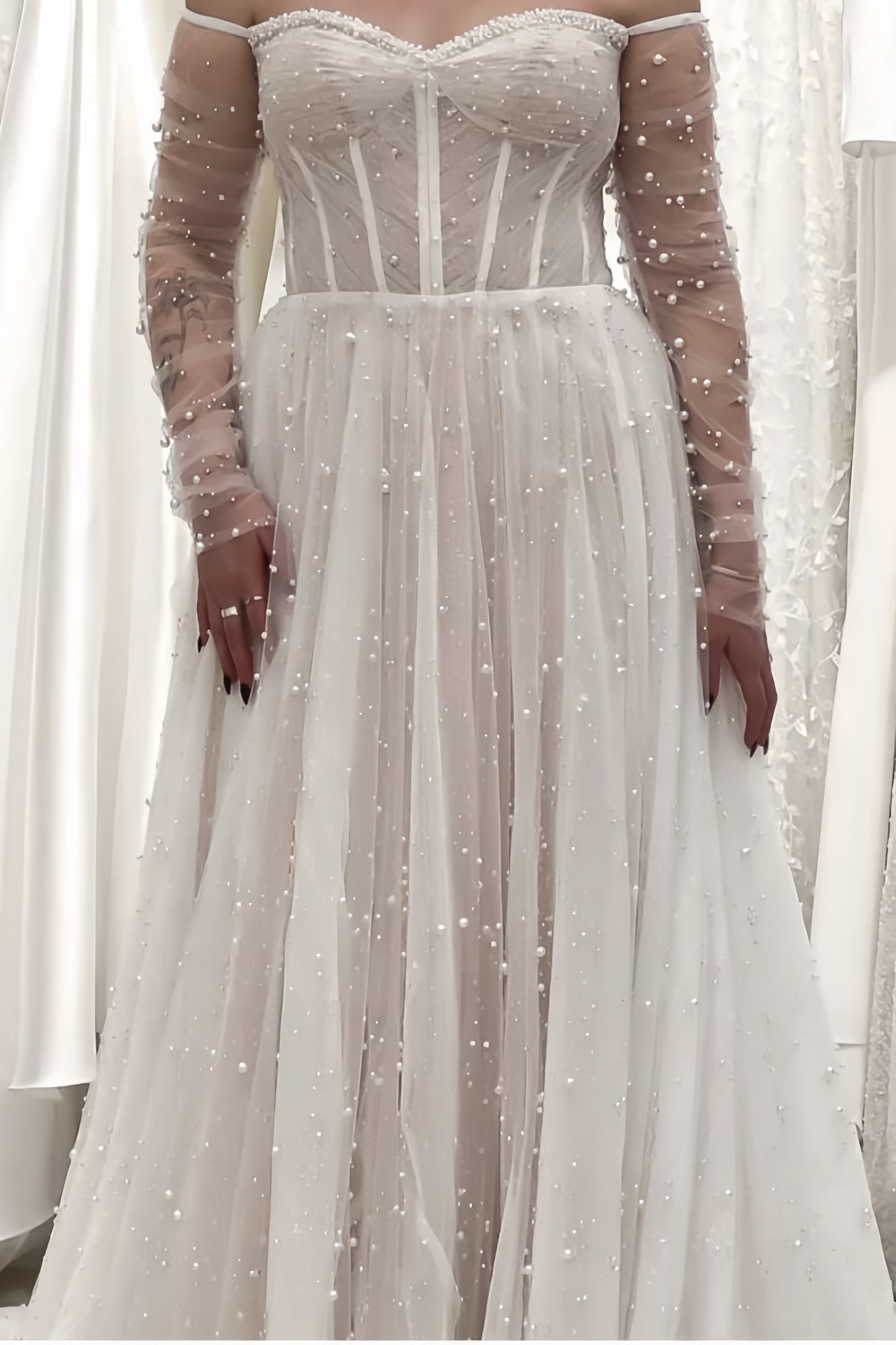 Classy White Pearl Wedding Dresses Pleated A-line Bridal Gown,LTP4242