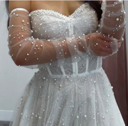 Classy White Pearl Wedding Dresses Pleated A-line Bridal Gown,LTP4242