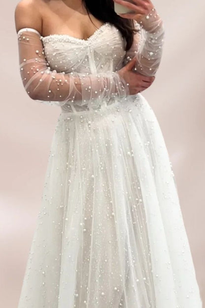 Classy White Pearl Wedding Dresses Pleated A-line Bridal Gown,LTP4242