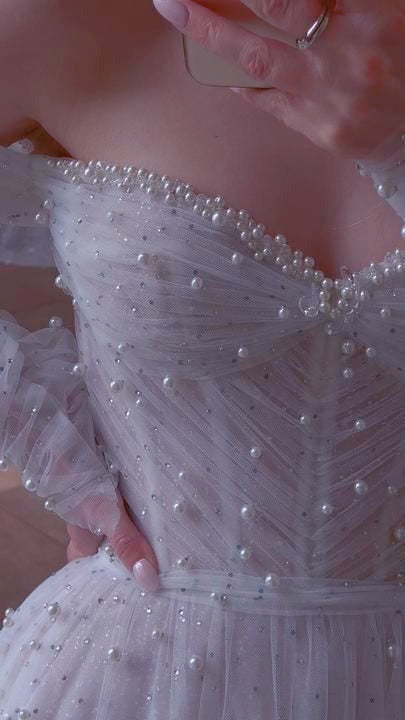 Classy White Pearl Wedding Dresses Pleated A-line Bridal Gown,LTP4242