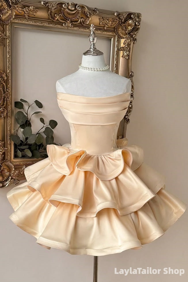 Cream Champagne Strapless Ruffle Homecoming Dresses Short Party Dress