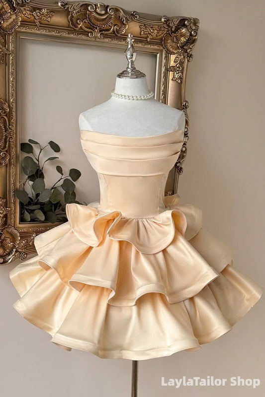 Cream Champagne Strapless Ruffle Homecoming Dresses Short Party Dress