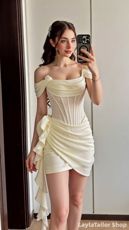 Cream Yellow Bodycon Homecoming Dress Off The Shoulder Ruffle Hoco Dresses