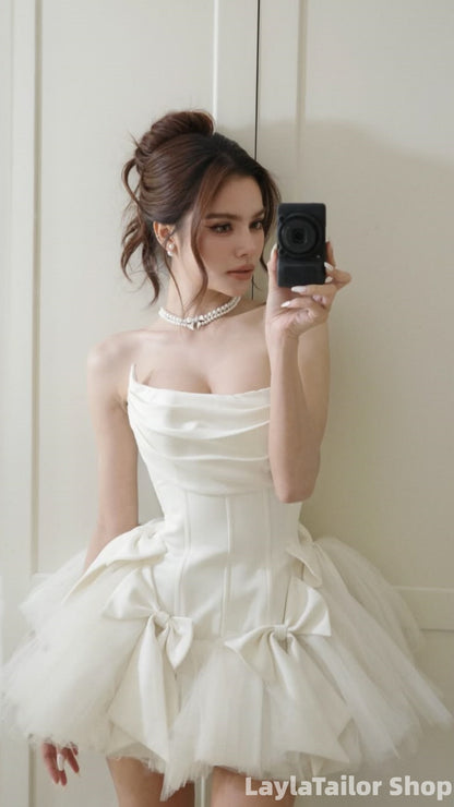 Cream White Strapless Bodycon Homecoming Dresses With Bows