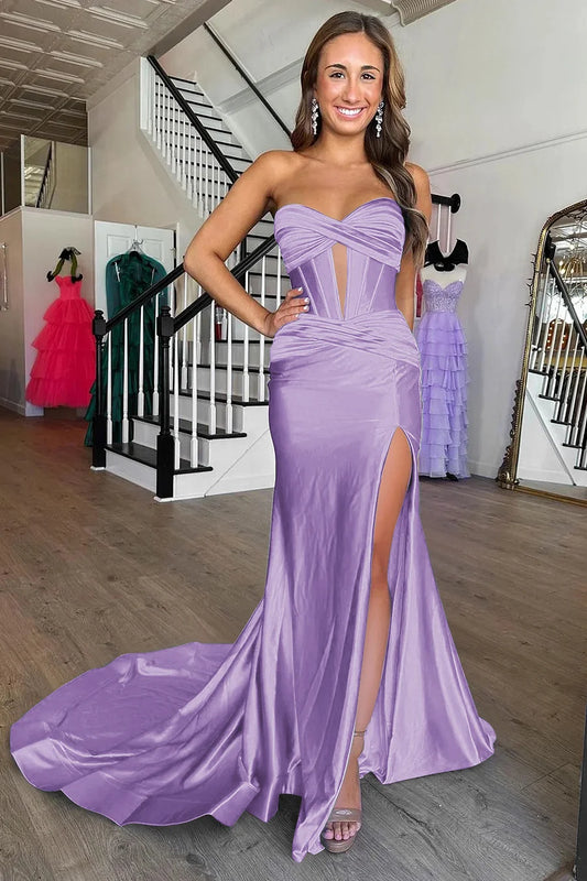 Lilac Cross Neck Mermaid Long Prom Dress With Side Slit