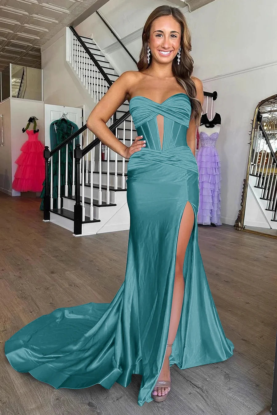 Lilac Cross Neck Mermaid Long Prom Dress With Side Slit