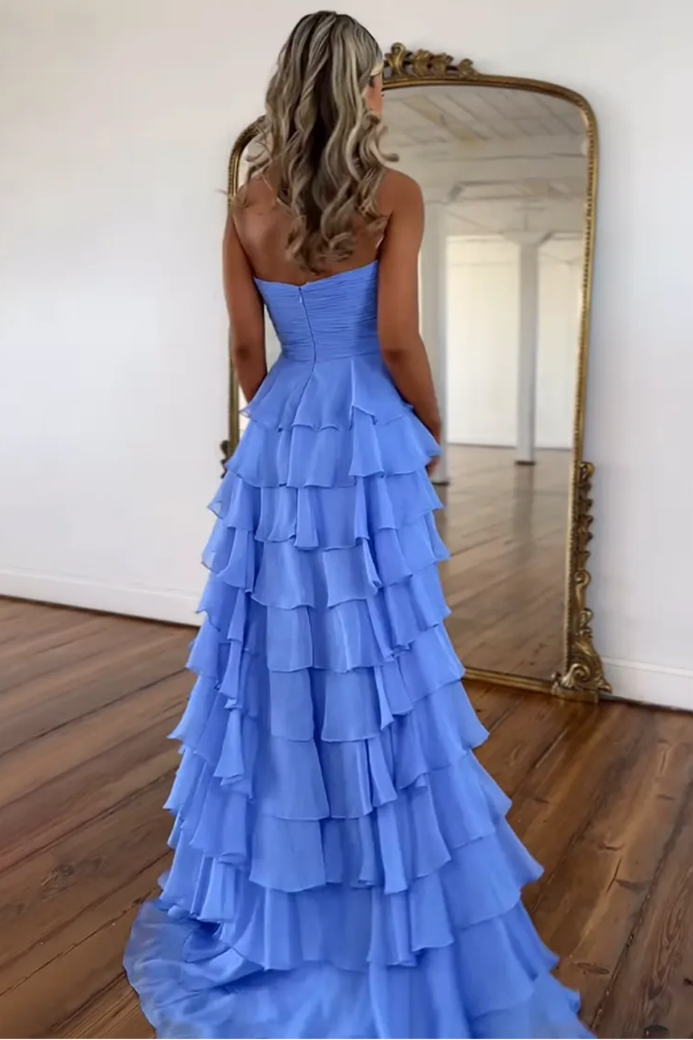 Cute Yellow Sweetheart Zipper Back A-Line Tiered Chiffon Prom Dress with Let Slit