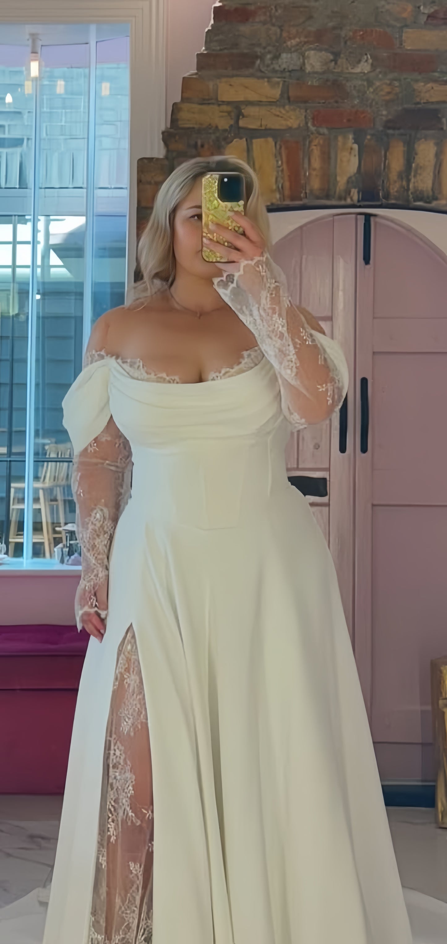 Custom Made Ivory Wedding Dresses Chiffon Lace Slit Bridal Dress Off Shoulder Plus Size Wedding Gown,LTP4277