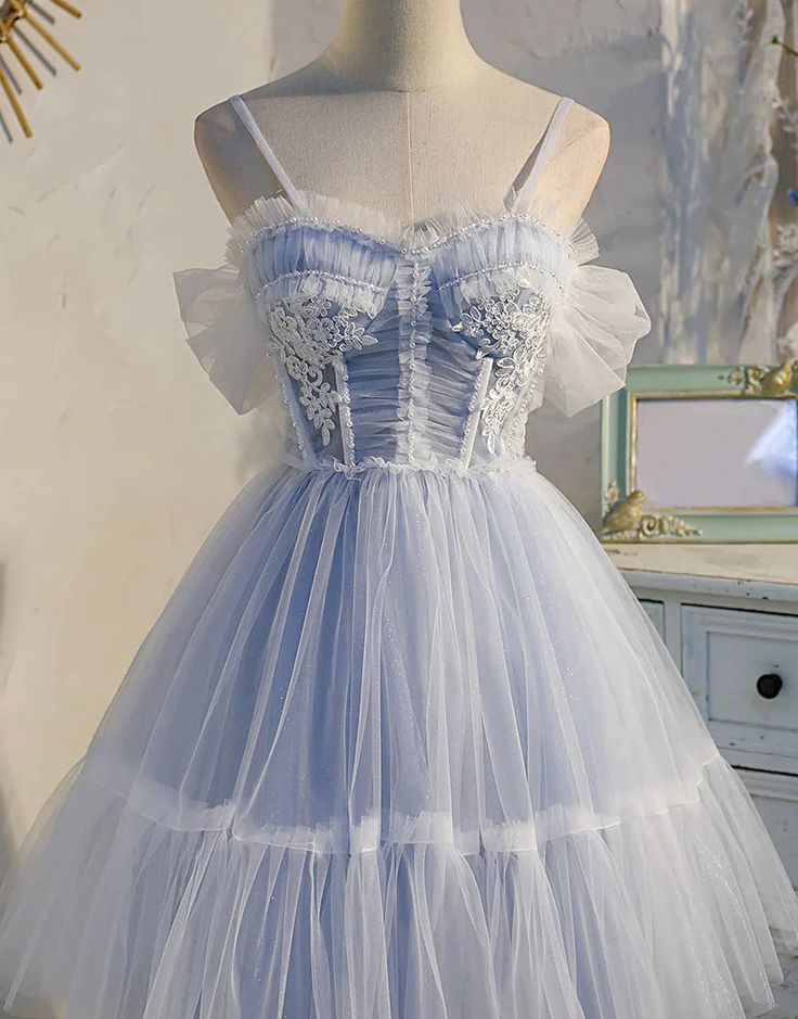 Custom Made Sweetheart Light Blue Homecoming Dress, Spaghetti Straps Tulle Hoco Cocktail Dress, LTP2935