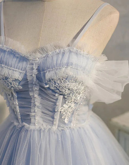 Custom Made Sweetheart Light Blue Homecoming Dress, Spaghetti Straps Tulle Hoco Cocktail Dress, LTP2935