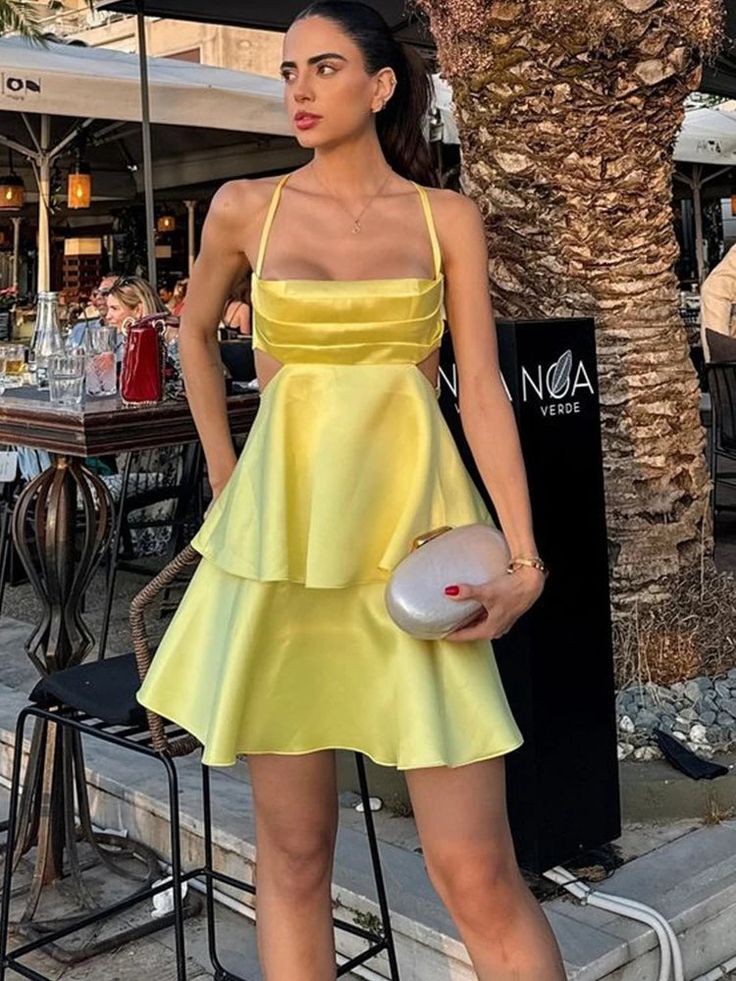 Custom Made Yellow Satin A-Line Homecoming Dress Short School Dance Dress, LTP3061