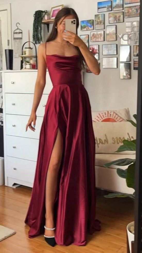 Custom Made Burgundy Satin Prom Dresses Cross Back Evening Party Dress,LTP4152