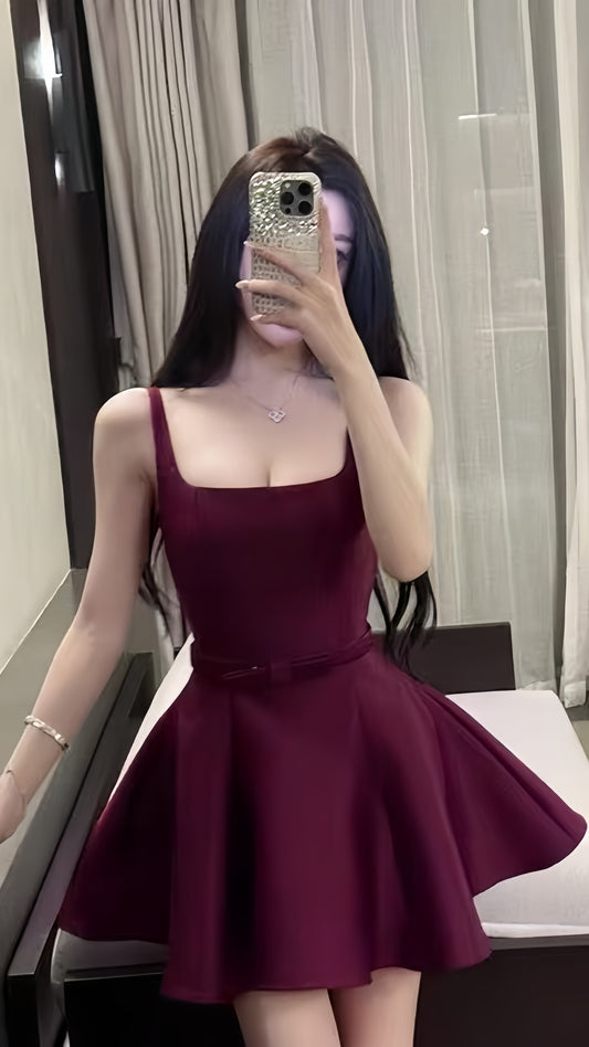 Cute Burgundy A-line Homecoming Dresses Square Neck Short Prom Dress,LTP3934