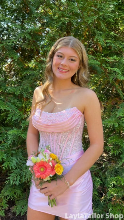 Cute Homecoming Dresses Pink Strapless Appliques Lace Bodycon Homecoming Dress LTP82610