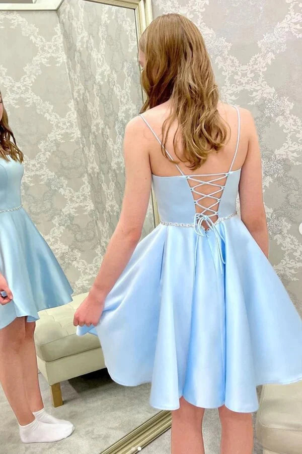 Cute Light Blue A-Line Satin Homecoming Dresses, LTP3005