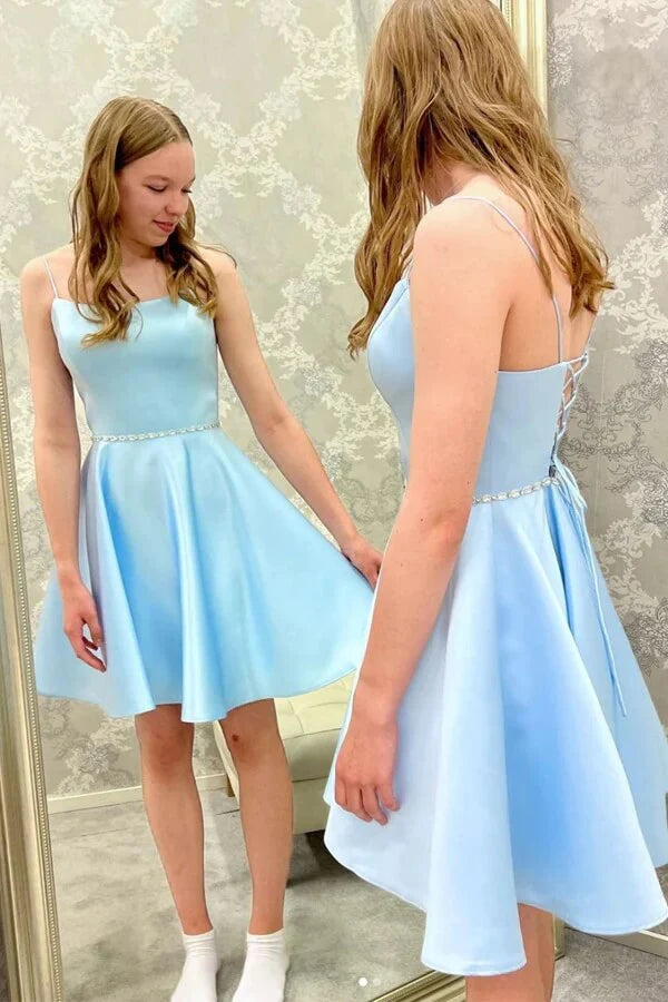 Cute Light Blue A-Line Satin Homecoming Dresses, LTP3005