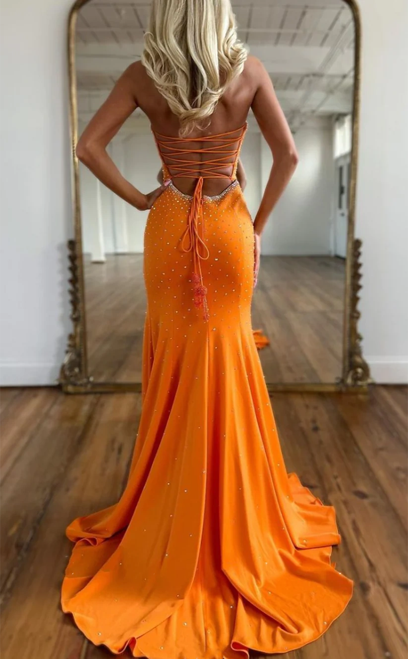 Cute Orange Beaded Split Mermaid Prom Dresses Long Celebrity Dress