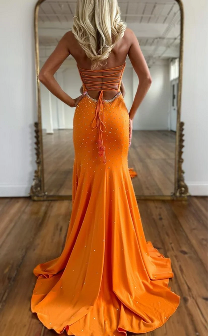 Cute Orange Beaded Split Mermaid Prom Dresses Long Celebrity Dress