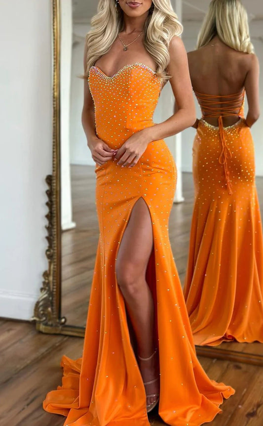Cute Orange Beaded Split Mermaid Prom Dresses Long Celebrity Dress