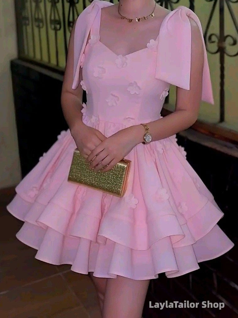 Cute Pink A-Line Floral Homecoming Dresses Short Ruffles School Formal Dress