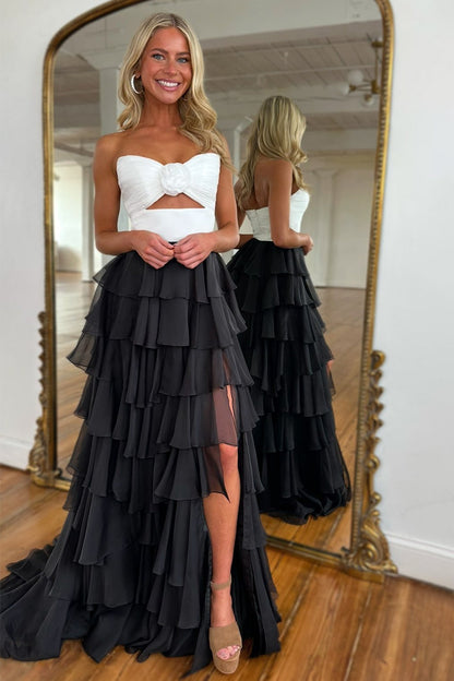 Lovely Pink Strapless A-Line  Long Ruffle Chiffon Skirt Prom Dress with Slit