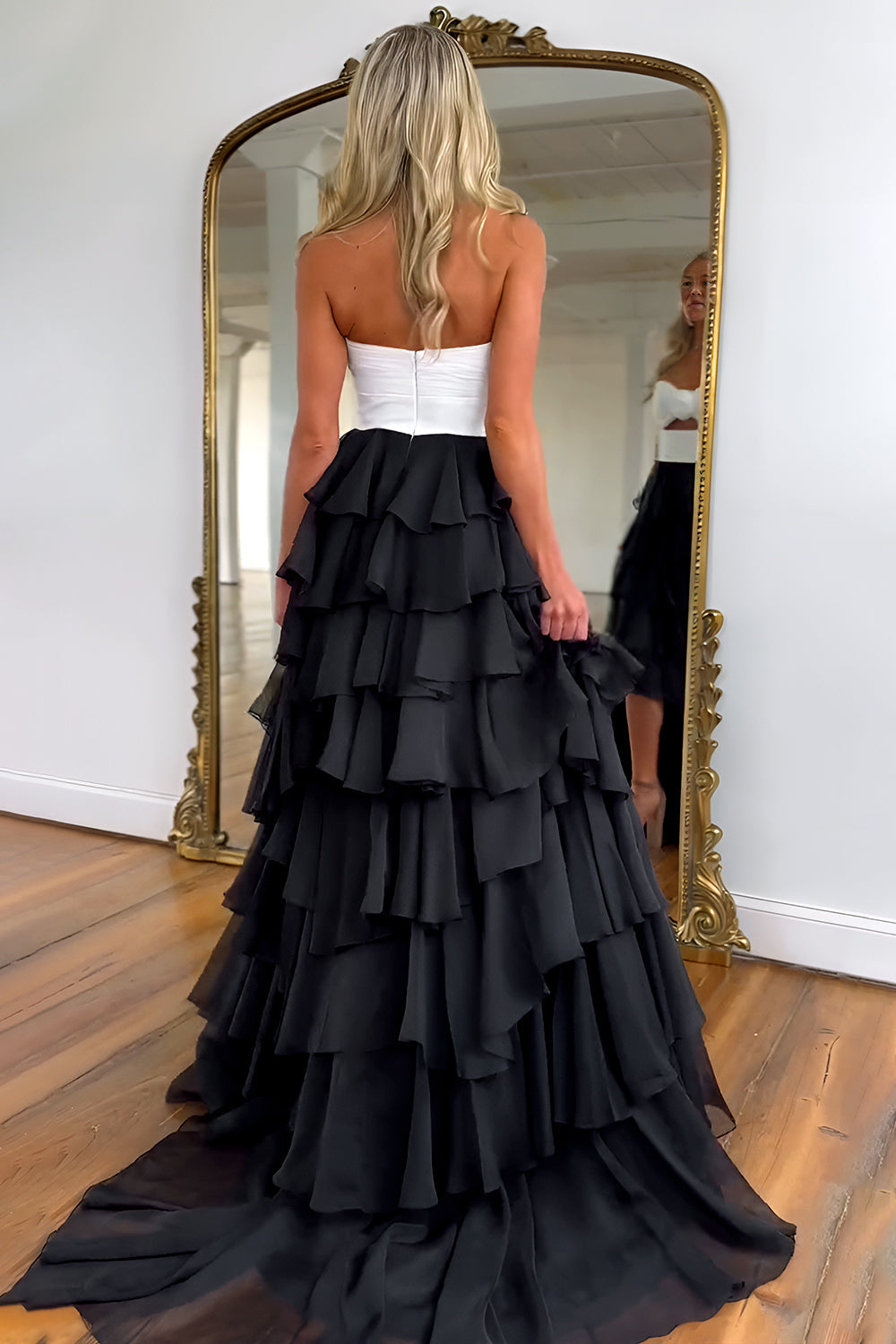 Lovely Pink Strapless A-Line  Long Ruffle Chiffon Skirt Prom Dress with Slit
