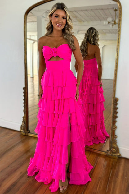 Lovely Pink Strapless A-Line  Long Ruffle Chiffon Skirt Prom Dress with Slit