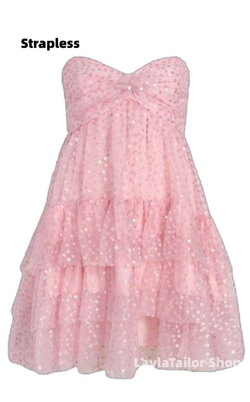 Cute Pink Sequin Tulle Homecoming Dress