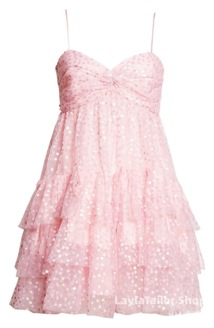 Cute Pink Sequin Tulle Homecoming Dress