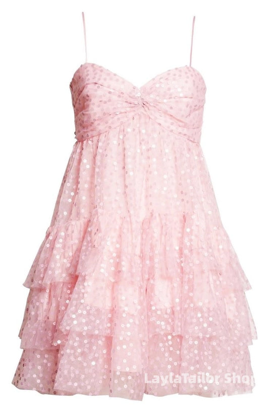 Cute Pink Sequin Tulle Homecoming Dress