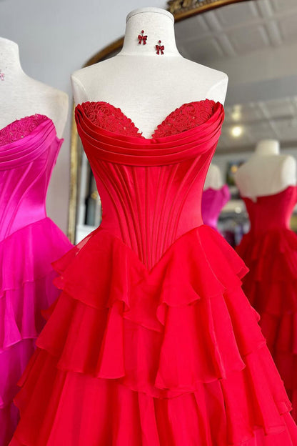 Pretty Sweetheart A-Line Satin Top Long Layered Chiffon Prom Dress with Slit