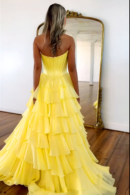 Pretty Sweetheart A-Line Satin Top Long Layered Chiffon Prom Dress with Slit