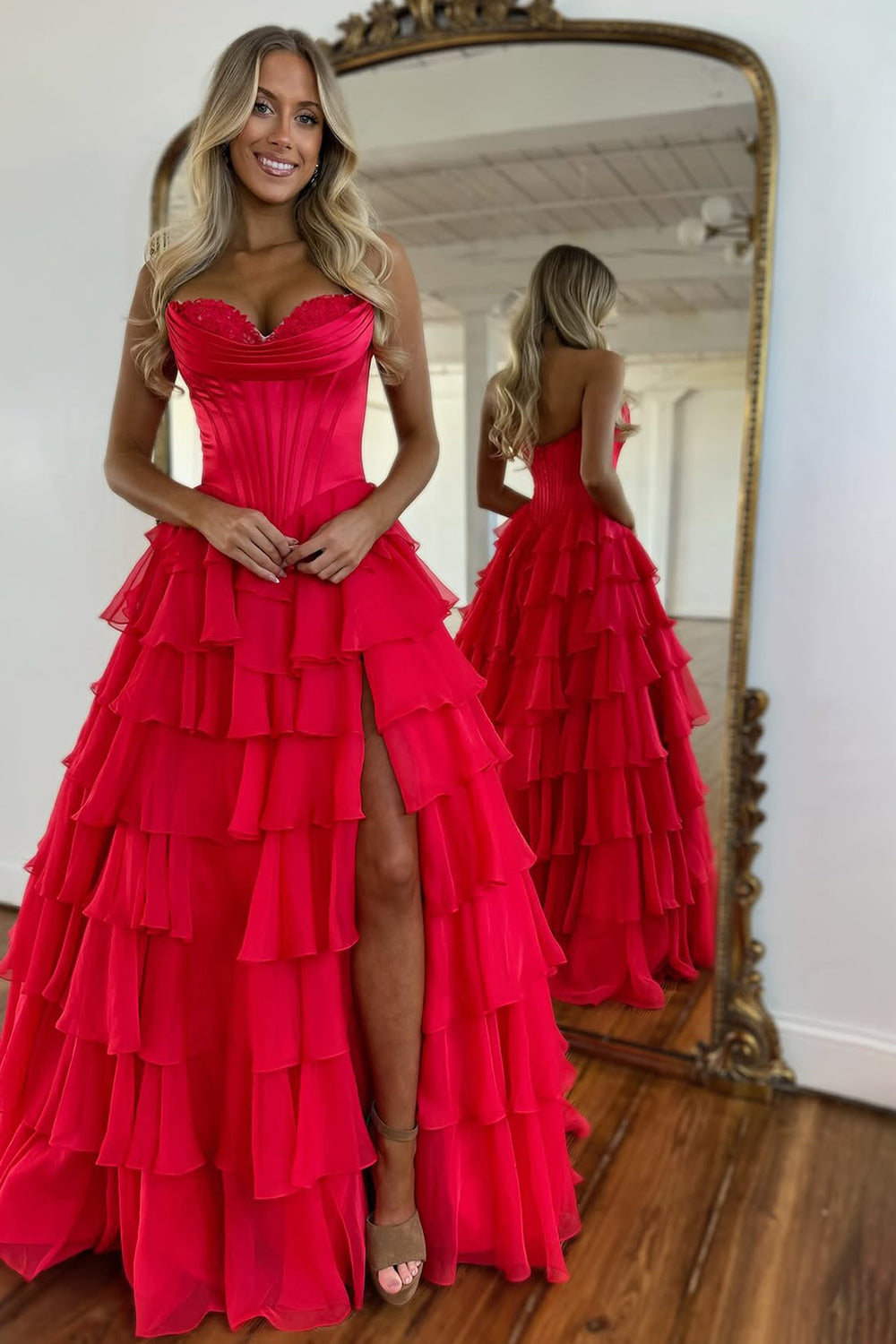 Pretty Sweetheart A-Line Satin Top Long Layered Chiffon Prom Dress with Slit