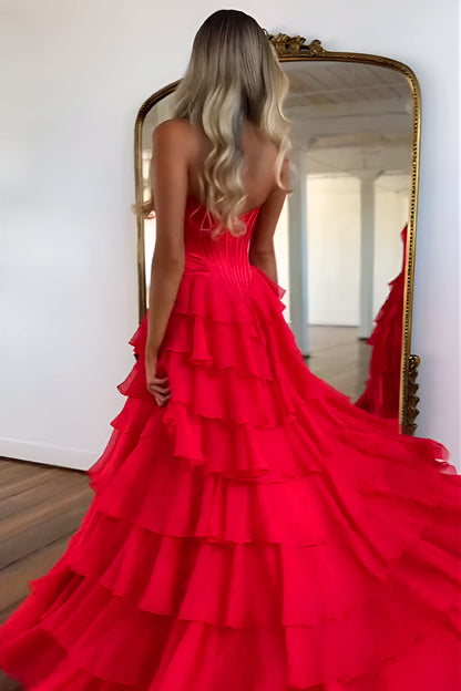 Pretty Sweetheart A-Line Satin Top Long Layered Chiffon Prom Dress with Slit