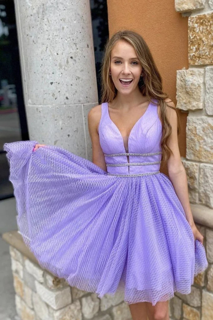 LTP1775, A-Line Lilac Homecoming Dress, V-Neck Short Prom Dresses