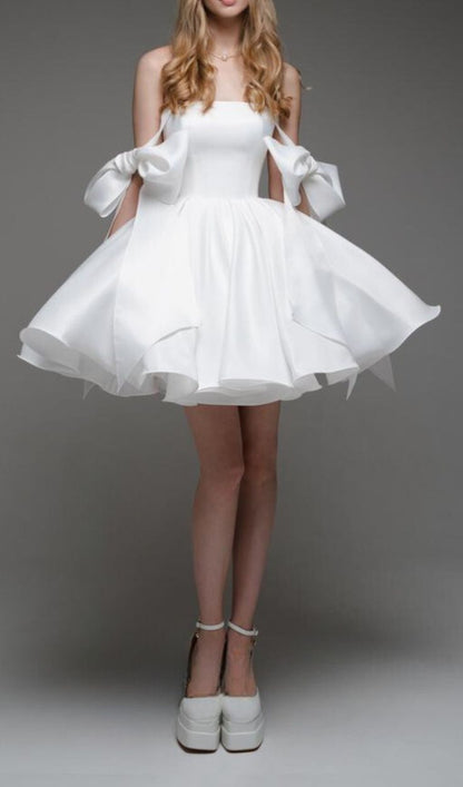 Cute White Satin Ball Gown A-Line Homecoming Dresses With Bowknot Straps, LTP3119